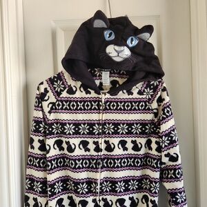 Joe Boxer Cat Fleece Hooded Onesie PJs Fair Isle Print Footed Pajama Size Medium